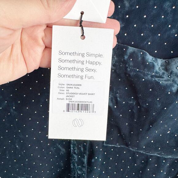 Something Navy Studded Velvet Shirt Jacket Dark Teal Small Silver Studs NWT XS - Picture 5 of 14
